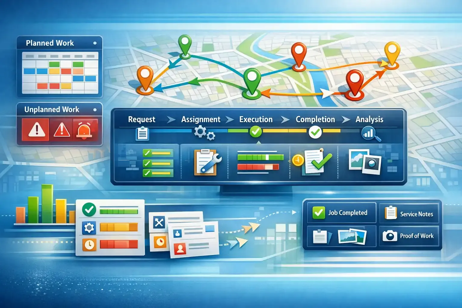 Dispatch workflow dashboard showing request to analysis with live routing